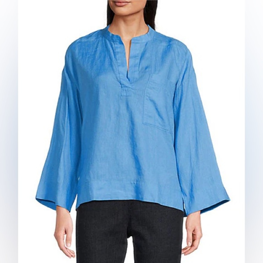 NWT Eileen Fisher
Organic Linen Mandarin Collar Long Sleeve Pop-Over Top